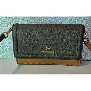 Michael Kors Black and Brown Signature Logo Crossbody Wallet